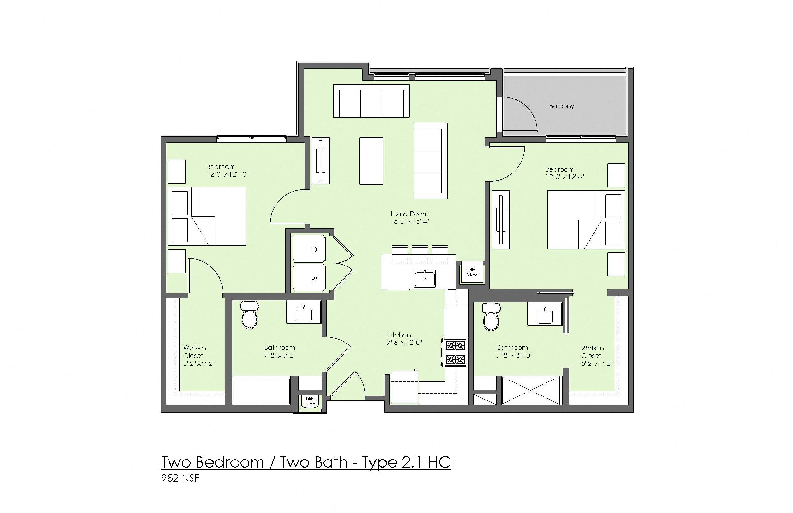 Floor plan for 2 beds, 2 baths, 1042 sqft